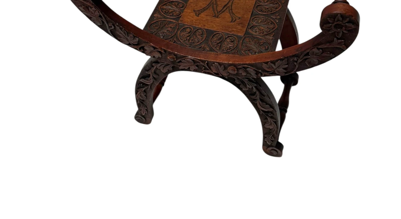 Art Nouveau Walnut Savonarola Hand-Carved Stool, 1900s